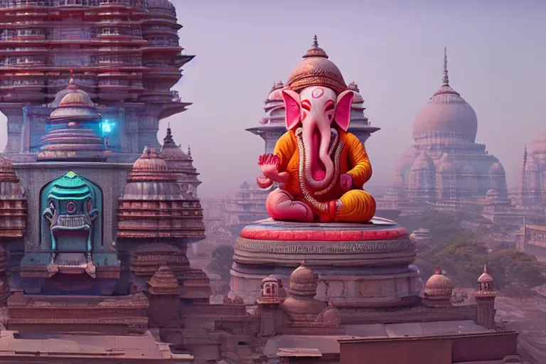 Image similar to beautiful futuristic new delhi, sci - fi ganesha!! building, kalighat flowers, octane highly detailed cinematic, stephen shore & john j. park, soft morning light, wide shot, aerial shot, uhd 8 k, shallow depth of field