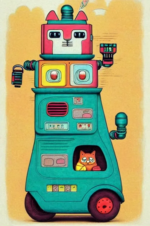 Image similar to ( ( ( ( ( ( ( a robot cat riding a cyber wagon ) ) ) ) ) ) ) by richard scarry!!!!!!!!!!!!!! muted colors, detailed