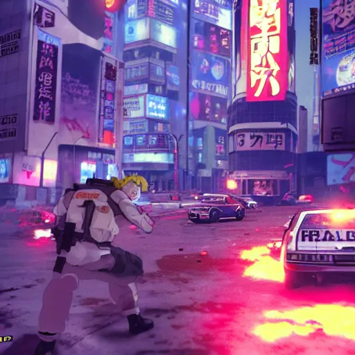 Prompt: 2004 Video Game Screenshot, Anime Neo-tokyo bank robbers vs police shootout, bags of money, Police Shot, Violent, Action, MP5S, FLCL, Highly Detailed, 8k :4 by Katsuhiro Otomo + Studio Gainax + Arc System Works : 8