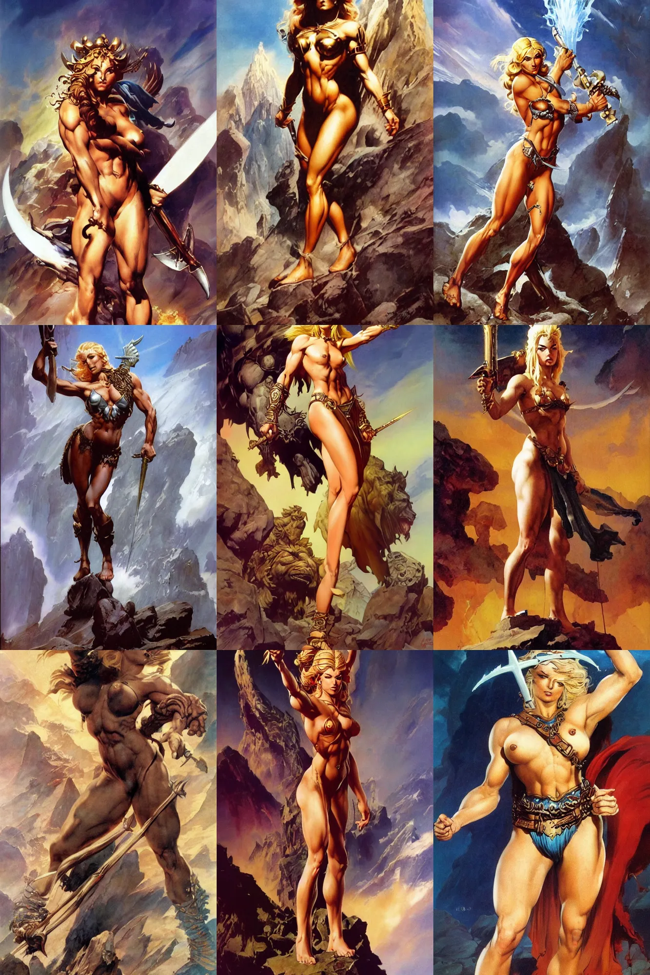 Prompt: Olympus by Frank Frazetta, Ivan Aivakovsky, Boris Vallejo, epic fantasy character art, full length, blonde, goddess of war, Exquisite detail, post-processing, masterpiece, cinematic