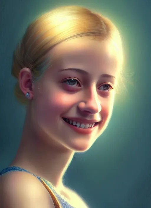 Image similar to portrait of teenage lili reinhart with bangs, smiling kindly, bangs, 1 9 6 0 s, ponytail, bangs and ponytail, intricate, elegant, glowing lights, highly detailed, digital painting, artstation, concept art, smooth, sharp focus, illustration, art by wlop, mars ravelo and greg rutkowski