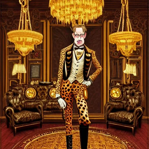 Image similar to A steampunk anthropomorphic cheetah wearing a suit in an opulent palace room by James Gurney. Highly detailed. Incredibly beautiful. Photorealistic.