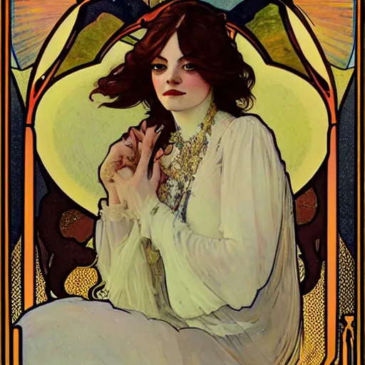 Image similar to emma stone portrait by louis - theophile hingre and alphonse mucha, realistic, sharp focus, zodiac signs, tarot cards, planets, ethereal, art nouveau, magic, moon, sun, crown, dreamy, royal, jewellery