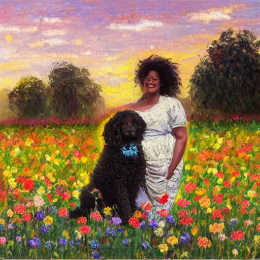 Prompt: egyptian man with long curly hair in a field of flowers, alongside a pregnant black woman with curly hair, with a small black puppy in the middle, golden hour, vintage, impressionist painting, fine art, oil painting, dreamy, pastel, laughing, happy, intricate details, sharp, peaceful, serene