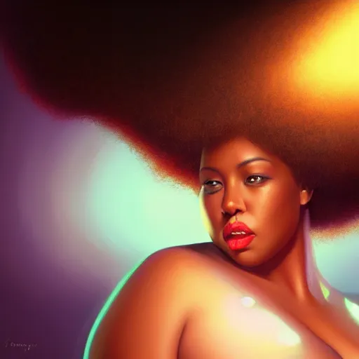 Image similar to beautiful oil painting of a fat light skinned woman with an afro, beautiful eyes, artstation, volumetric lights, highly detailed, concept art, sharp focus, beautiful face