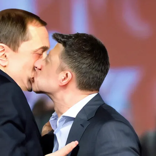 Image similar to Vladimir Putin kissing Zelensky ultra realistic