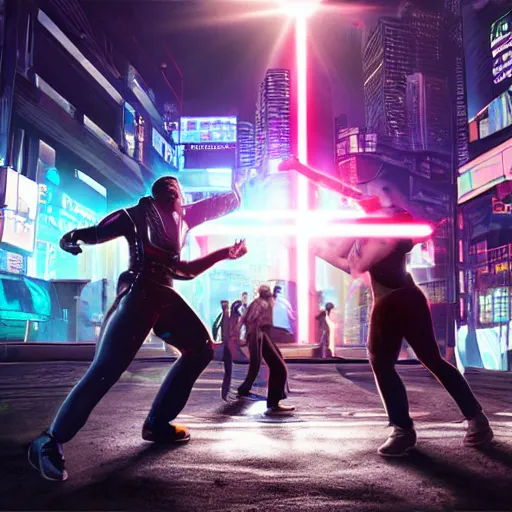 Prompt: fistfight on energy beam, cyberpunk, UHD, trending