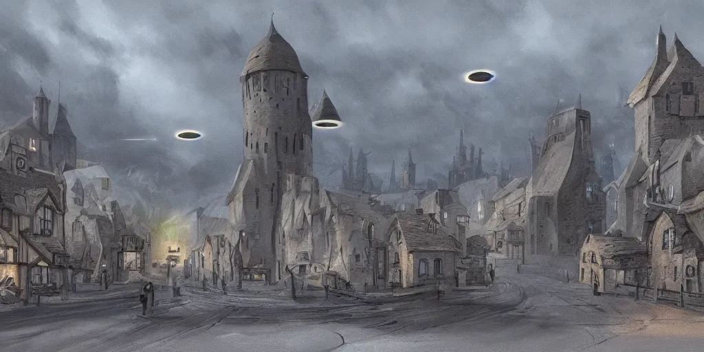 Image similar to ufo's invading a medieval town, view from the street, concept art