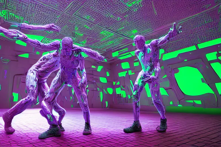 Image similar to full body, alan turing wrestling with agent smith, sculpture by auguste rodin, multicolored glowing tubes, glowing digital eyes, 8 k, front shot, symetrical, flourescent colors, halluzinogenic, multicolored, insanely detailed, 3 d render, octane