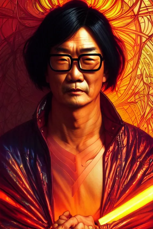 Prompt: a middle aged asian man with short black hair, broad shoulders, thick round spectacles, wearing a bright orange bomber jacket, seductive cyberpunk dark fantasy, art by artgerm and karol bak and moebius and alphonse mucha and greg rutkowski, hyperdetailed, ultrarealistic, octane render