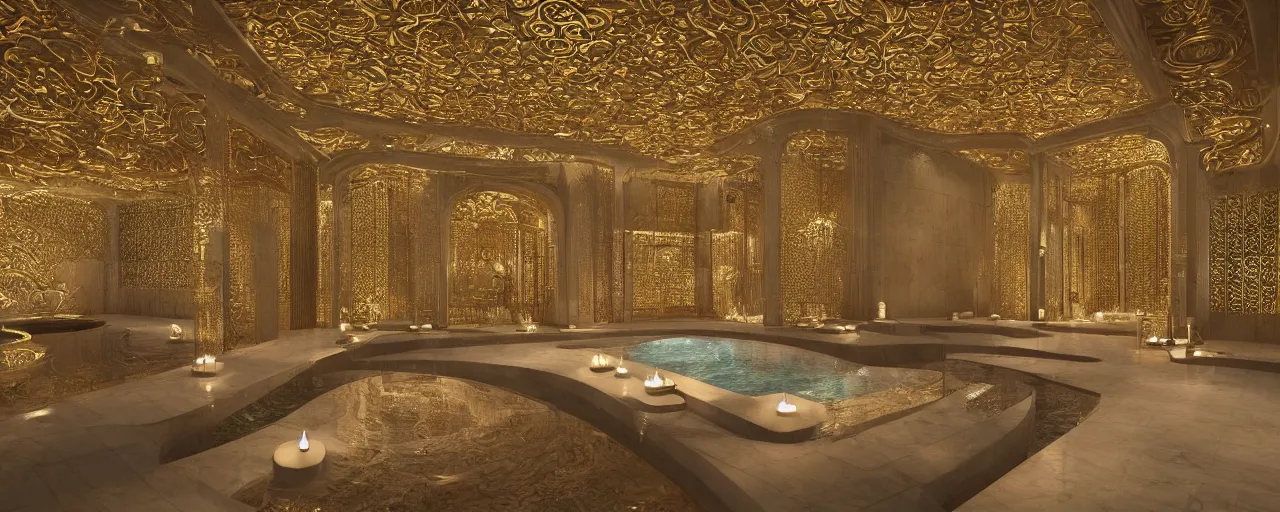 Prompt: interior of a 2 double height luxury spa with everything made of gold, candles, wellness pool, intricate detailed roof, contemporary design, sacred geometry, 8 k, hyperrealistic, photorealism,