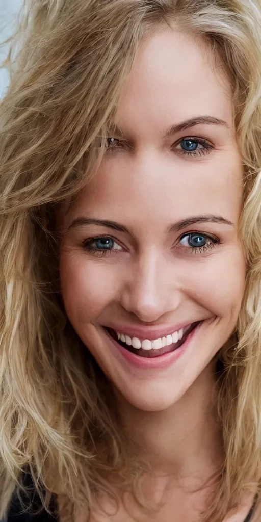Image similar to blonde white woman smiling, portrait, hd, realistic