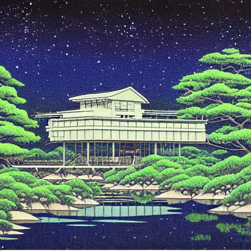 Image similar to painting by Hasui Kawase, atmospheric cozy futuristic organic white concrete house in the middle of a lush and dense forest at night, a beautiful lake next to it, night time, night sky, starry night sky, by Hasui Kawase