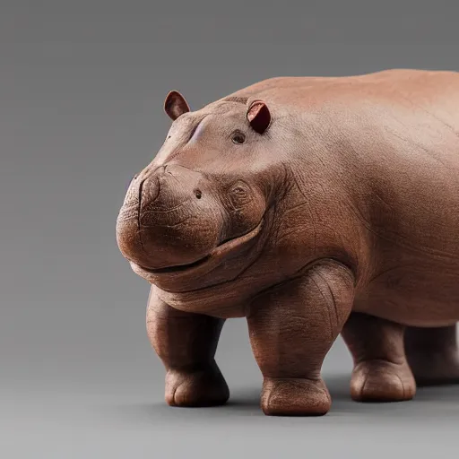 Prompt: studio product shoot, side view of a simplified hippo figurine ( carved from teak wood )!!!! and centered on a white to grey gradient background, wood grain!!!!!!, photorealistic, hyperrealistic, 8 k hd, octane render, unreal engine, featured on cgsociety