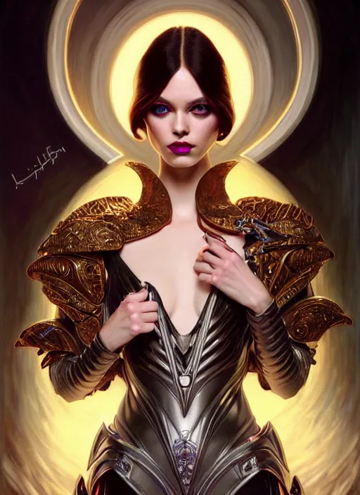 Prompt: glamorous warlock portrait, seductive eyes and face, elegant, lascivious pose, very detailed face, studio lighting, photorealism, wearing futuristic armor , portrait by Magali Villeneuve and Steve Argyle,Livia Prima,Mucha,dress,fantasy art,beautiful,artstation,trending on artstation,intricate details,alluring,masterpiece