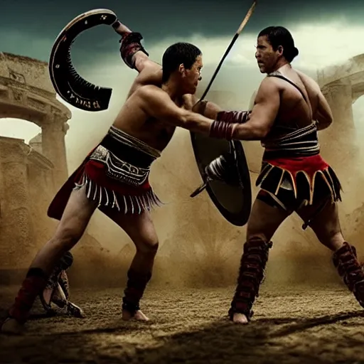 Image similar to amazon warriors fighting in the arena, cinematic, highly detailed, action movie