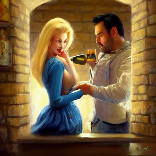 Prompt: blonde woman and Jango Fett drinking beer in a cellar, romantic, cozy, inviting, love, torches, painting by Vladimir Volegov