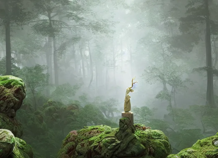 Image similar to an idealistic marble statue with fractal flowery hair and fair porcelain face and green eyes, in a magical forest, painted by, mc escher, gordon onslow ford, georgia o'keeffe and ivan aivazovsky, cinematic light, god rays, colourful, unreal engine, zbrush central,