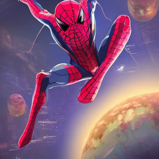 Image similar to spiderman with pink suit and yellow glowing eyes, and alien ears, anime cinema photorealistic beautiful cinematic world of chrono trigger in the style of studio ghibli. hyperdetailed photorealism, 1 0 8 megapixels, amazing depth, glowing rich colors, powerful imagery, psychedelic overtones, 3 d finalrender, 3 d shading, cinematic lighting, artstation concept art