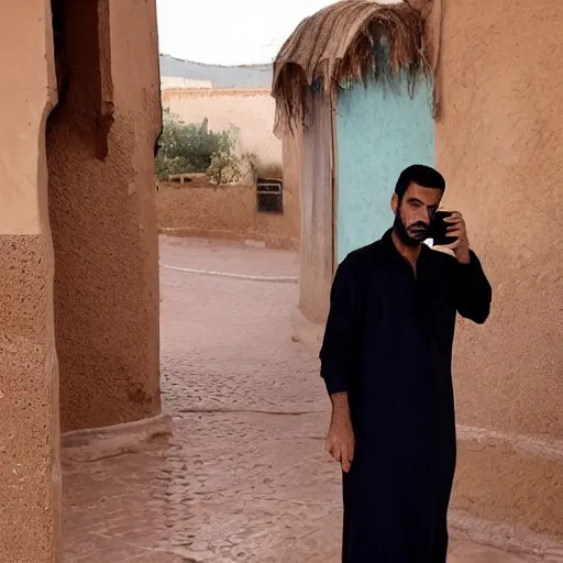 Image similar to a moroccan man looking down at his phone taking a selfie, serious face, not smiling, with a large double - chin showing