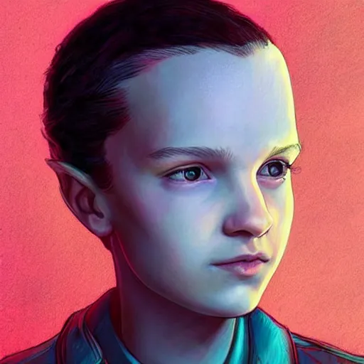 Prompt: a beautiful side portrait of Eleven from Stranger things by (((((Bowater ,Charlie))))) , fantasy!!! , digital!!!, character,