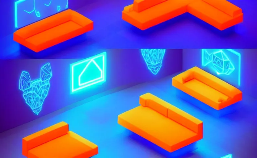 Image similar to isometric object is a low poly isometric sofa with alien aesthetic inspired by pandora in the avatar movie, it has bioluminescent plants growing on top of it, beautiful neon orange - yellow with blue hints and it's bedecked with some sparkling crystals all over the place. black background, night isometric artstation neon. behance, pinterest