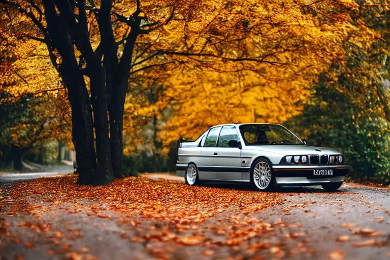 Image similar to A BMW e36 parked in a road with trees, autumn season, Epic photography, taken with a Leica camera, 50 mm, depth of field, bokeh