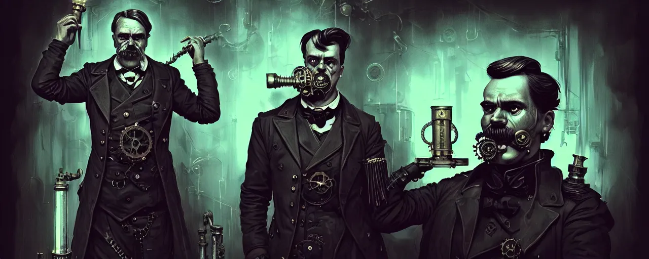 Image similar to duotone dark concept illustration 3 / 4 portrait of friedrich nietzsche as steampunk cyborg with thor hammer smoke all around. highly detailed mechanism cinematic volumetric ghastly lighting. by sachin teng and sergey kolesov and ruan jia and heng z. graffiti art, scifi, fantasy, hyper detailed. octane render. concept art. trending on artstation