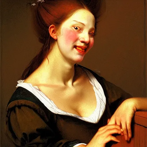 Image similar to Facial portrait of a cute shy woman, looking away from the camera, seductive smile, sparkle in eyes, lips slightly parted, long flowing hair, no hands visible, intricate, extremely detailed painting by Jan Steen and by Greg Rutkowski and by Moebius, golden hour
