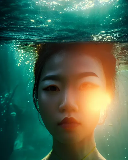 Prompt: portrait of asian woman underwater during sunrise, sunrays, aquaman aesthetic, caustics, rippling water, photoshoot, long flowing hair, haunting eyes, iconic, fine-art, masterpiece, cinematic, trending on artstation