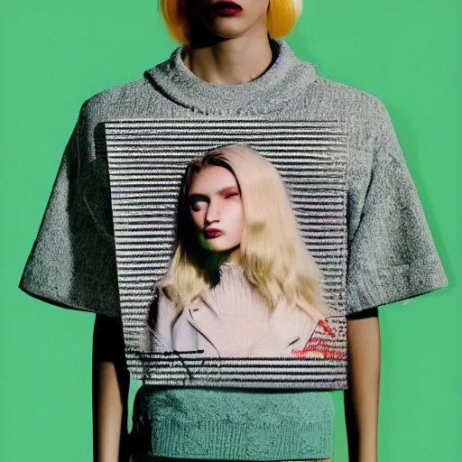 Image similar to halftone risograph print of a new balenciaga lookbook, blonde woman, photo in style of tyler mitchell, 3 5 mm,