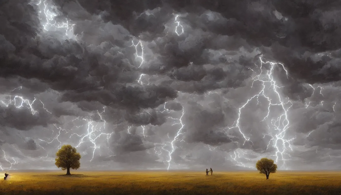 Image similar to a highly detailed epic cinematic concept art CG render digital painting artwork: Lone tree in lightning storm. By Greg Rutkowski, in the style of Francis Bacon and Syd Mead and Norman Rockwell and Beksinski, open ceiling, highly detailed, painted by Francis Bacon and Edward Hopper, painted by James Gilleard, surrealism, airbrush, Ilya Kuvshinov, WLOP, Stanley Artgerm, very coherent, triadic color scheme, art by Takato Yamamoto and James Jean