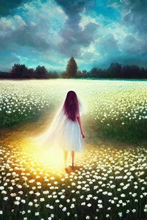 Image similar to giant white daisy flower veil, girl walking in a flower field, surreal photography, sunrise, dramatic light, impressionist painting, colorful clouds, digital painting, artstation, simon stalenhag