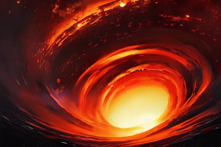 Image similar to a beautiful oil painting of the event horizon of a black hole, orange, warping, detailed, beautiful, awe - inspiring, bright, by greg rutkowski, trending on artstation