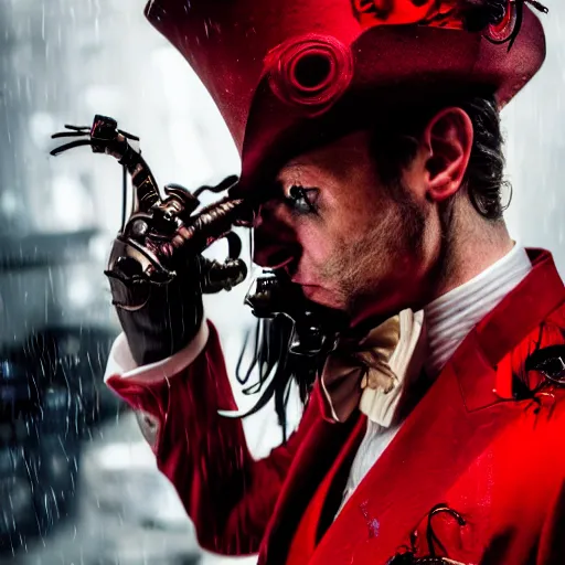 Image similar to cinestill 5 0 d candid photographic portrait by david cronenberg of baroque steampunk cyborg gentleman wearing a red edwardian suit and top hat, floral growths, modern cyberpunk moody emotional cinematic, closeup, pouring rain menacing lights shadows, 8 k, hd, high resolution, 3 5 mm, f / 3 2, ultra realistic faces, ex machina