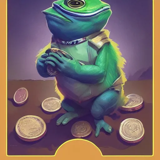 Prompt: super rich happy pepe, luxury, treasury, coins, money, hyper detalied, blue crystals, greg rutkowski, artstation