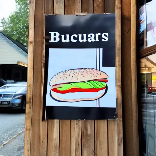 Prompt: photo of a sign outside of a restaurant with the text We Sell Hamburgers