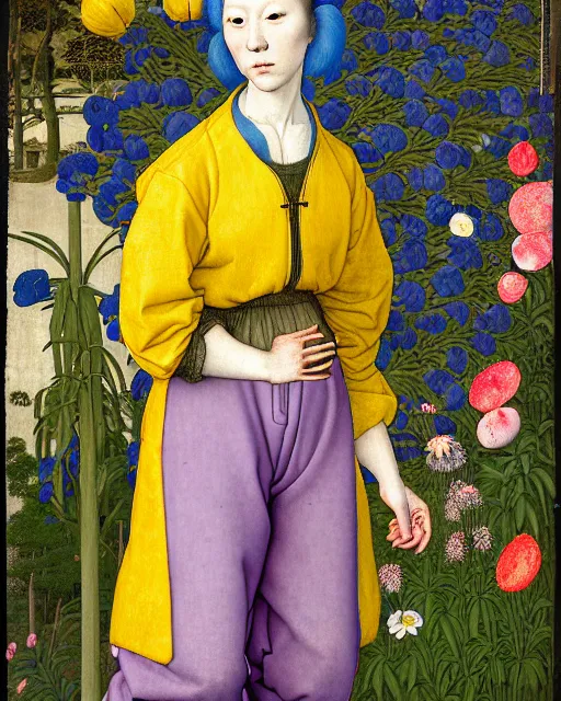 Image similar to portrait of a woman with blue hair buns, wearing a yellow jacket and baggy jeans, standing in a garden full of plants and flowers, intricate details, high detail, in the style of rogier van der weyden and jacopo da pontormo, punk, asian art,