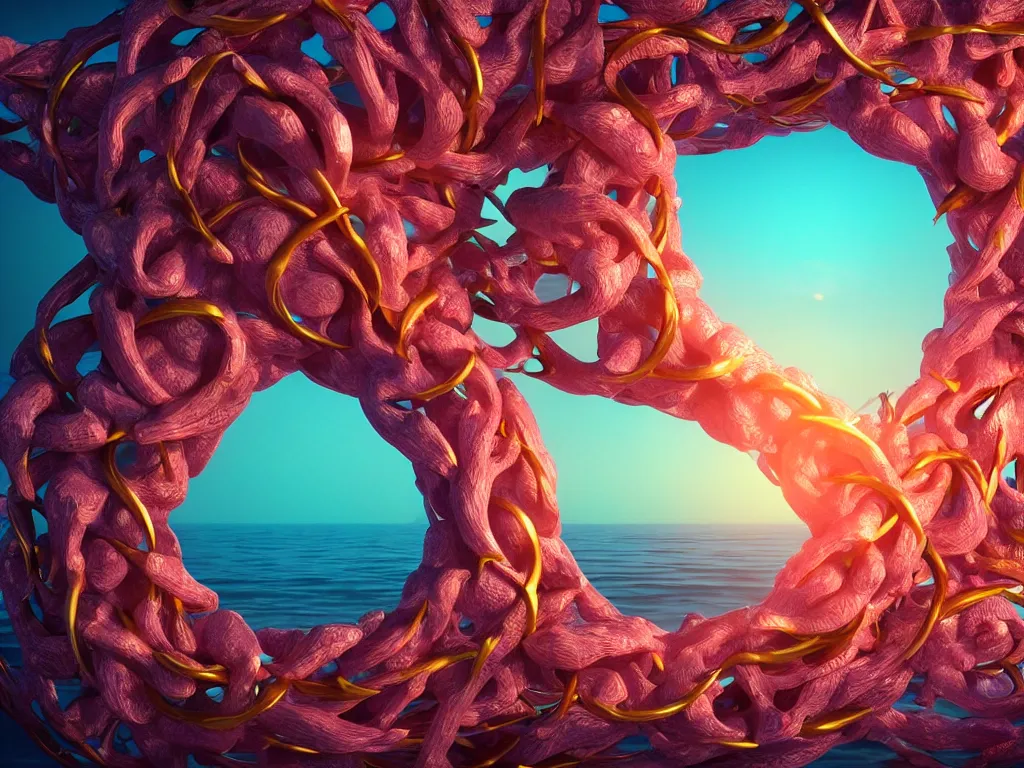 Prompt: a sculpture of fish ocean intertwined, diode lighting, a lovely cornucopia of flowers and human body parts, body parts, highly detailed, octane render, cinematic, sharp focus, clean, studio lighting, sunset, abstracto