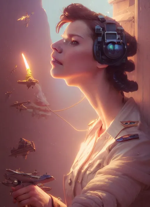 Image similar to highly detailed portrait of a female pilot, cracked porcelain skin, stephen bliss, unreal engine, fantasy art by greg rutkowski, loish, rhads, ferdinand knab, makoto shinkai and lois van baarle, ilya kuvshinov, rossdraws, tom bagshaw, alphonse mucha, global illumination, radiant light, detailed and intricate environment