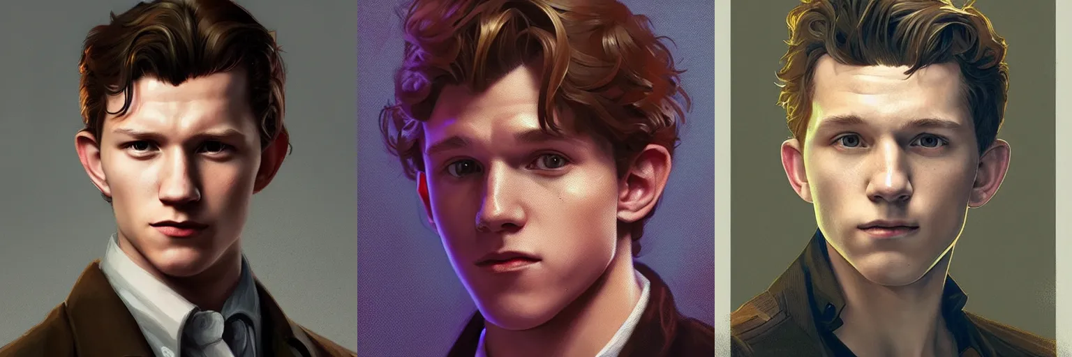 Prompt: portrait of tom holland as a detective, highly detailed, digital painting, artstation, concept art, sharp focus, illustration, art by artgerm and greg rutkowski and alphonse mucha