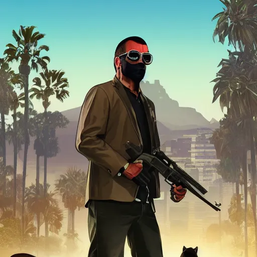 Prompt: GTA5, Cover Art, Grand Theft Auto Poster, a Humanoid Dog as a secret agent with sunglasses, D&D, fantasy, intricate, elegant, highly detailed, digital painting, artstation, concept art, matte, sharp focus, illustration, hearthstone, art by Artgerm and Greg Rutkowski
