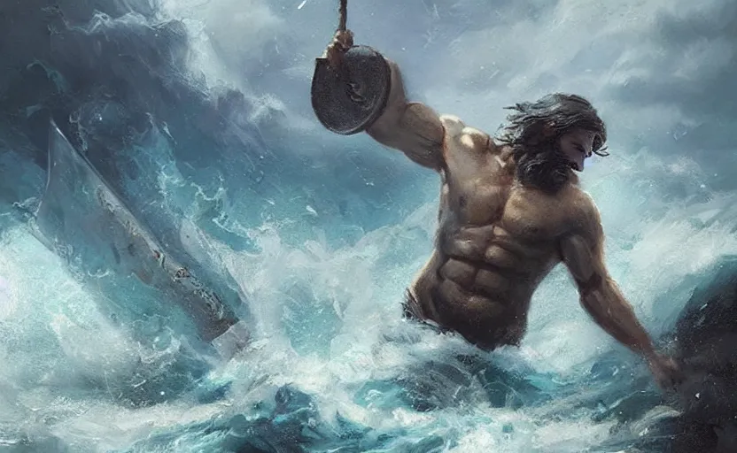 Image similar to A painting of Poseidon trending on artstation in the style of Greg Rutkowski