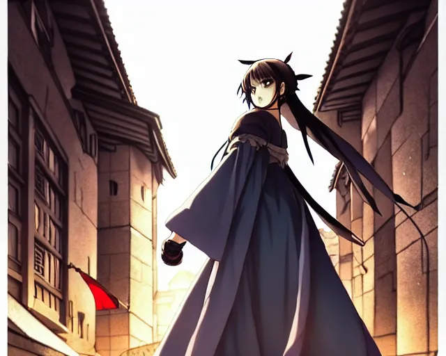 Prompt: pixiv, key anime visual portrait of a young female in robe walking through a busy medieval village, dynamic pose, dynamic perspective, cinematic, dramatic lighting, detailed silhouette, anime proportions, last exile, ghibli