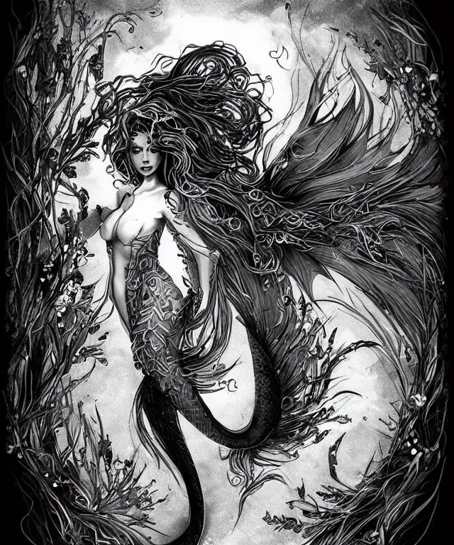 Prompt: black and white illustration, creative design, dark fantasy, beautiful mermaid
