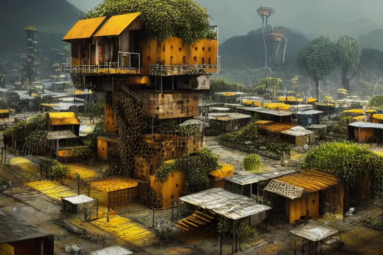 Image similar to simplicity, favela fungal beehive, streamlined environment, industrial factory, cheerful, award winning art, epic dreamlike fantasy landscape, ultra realistic,