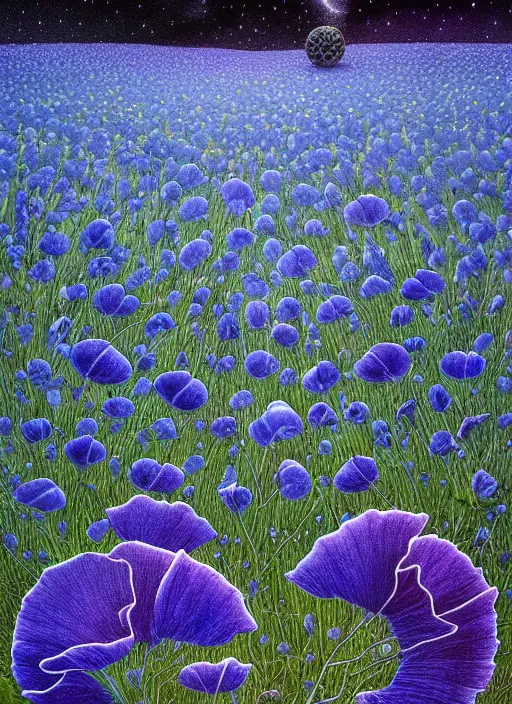 Image similar to detailed, intricate blue black and purple papaverum flower on the field, nebula, galaxy in the sky, winning award masterpiece, fantastically beautiful, illustration, aestheticly inspired, jacek yerka, upscale with anguissola sofonisba work, artstation, 8 k