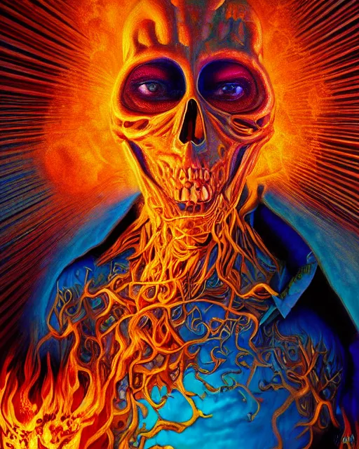 Prompt: portrait ultra dimensional ghost rider entity, accidentally tripping on dmt and acid, psychedelic experience, overwhelming psychosis of self realization and burning awakening, ultra high definition, unreal engine 5, hyperrealism, masterpiece composition, by casey weldon, barclay shaw 8 k photorealistic