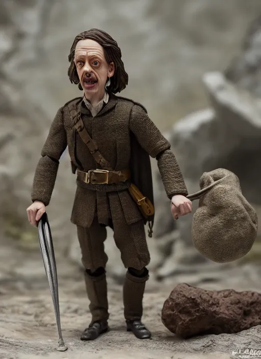 Image similar to product photography of a claymation action figure steve buscemi in lord of the rings, depth of field, zeiss lens, detailed, centered, by erwin olaf, joop geesink, diorama, breathtaking, 8 k resolution, extremely detailed, beautiful, establishing shot, hyperrealistic