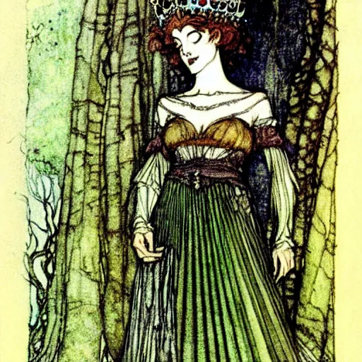 Prompt: A beautiful Queen of the Fae with brown hair wearing a pleated green dress and a silver diadem, illustration by Arthur Rackham